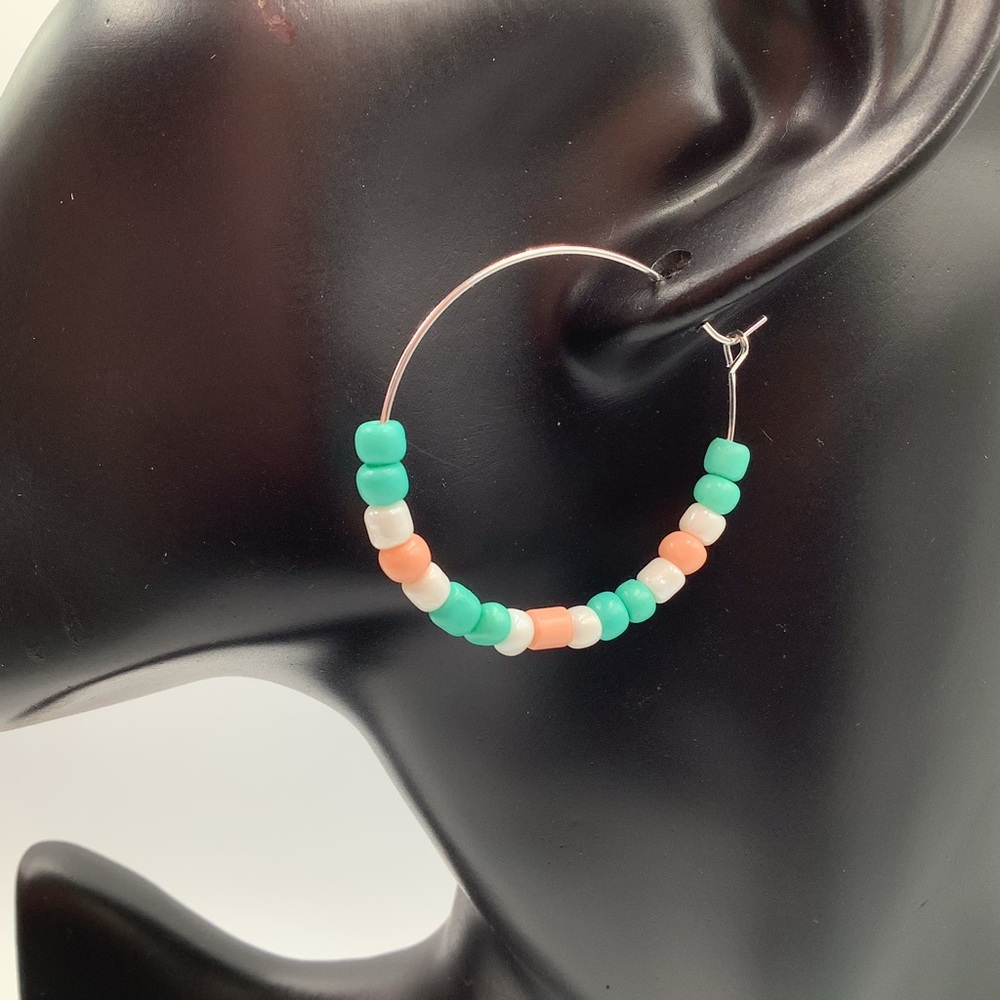 NEW Earrings Hoop Boho Beaded Seed Beads Mint Green Peach Pear Silver Tone